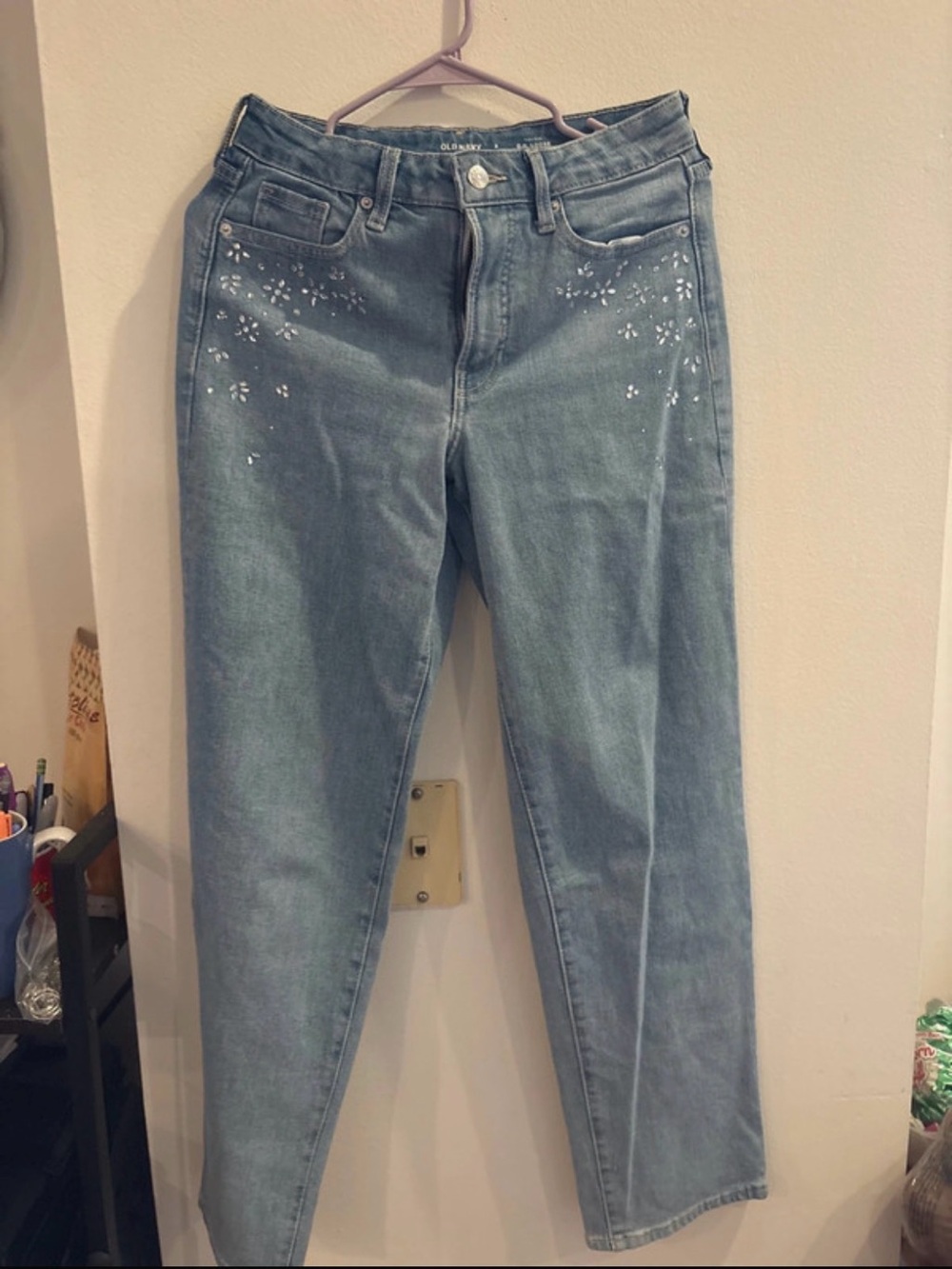 Old Navy Light Blue Straight Leg Jeans with Subtle Floral Accents
